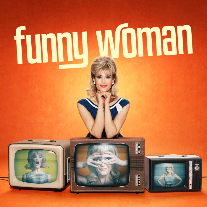 Funny Woman key art with woman and three old tv sets